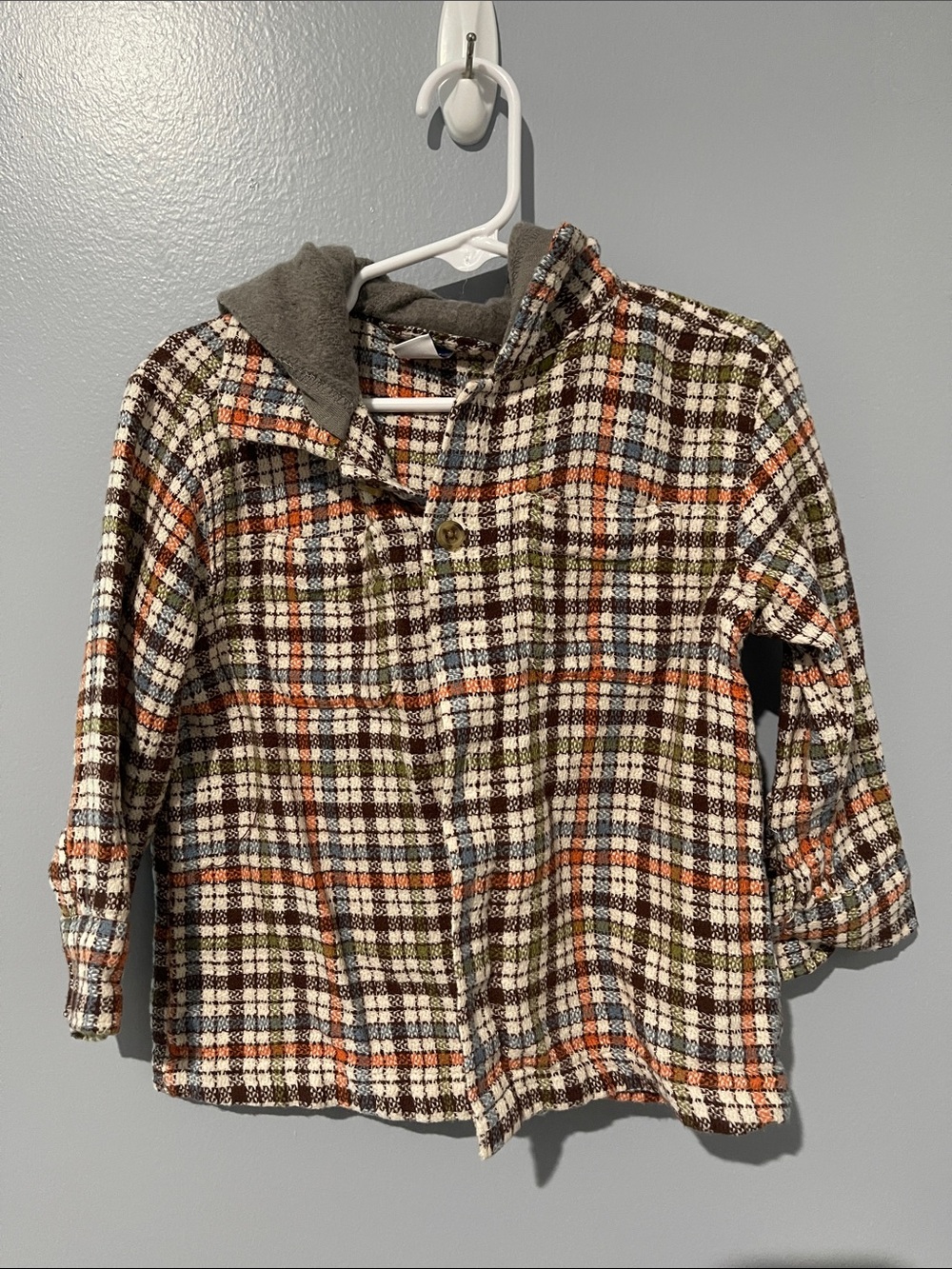 Kids Plaid Hooded Button-Up Shirt Jacket - Orange, Brown, Green | Old Navy 3T